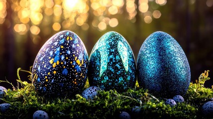 Three decorative Easter eggs on moss, bokeh background.
