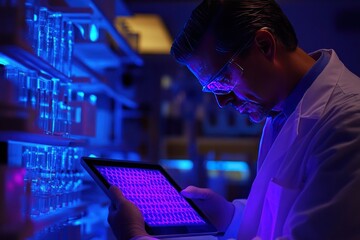 Scientist in laboratory examining research data on tablet under ambient purple and blue light, showcasing technology and innovation in scientific exploration.