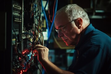Senior Technician Engaged in Complex Server Maintenance, Adjusting Cables and Connections in a Dimly Lit Data Center Environment