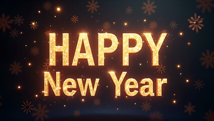 Happy New Year golden text with snowflakes. Concept of celebration and new beginnings.