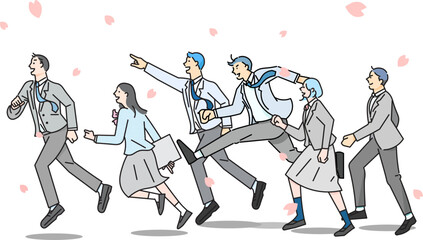 桜の花と走る学生男女ー横顔ー全身ー卒業ー入学ー人物シンプル線画ベクターイラスト素材