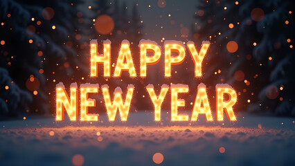 Happy New Year greeting with glowing letters in a snowy forest. Concept of celebration, new beginnings, and winter holidays.