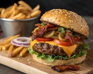 Gourmet hamburger with french fries 