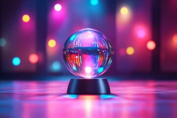 A crystal ball on a stand with colorful lights in the background, creating a magical ambiance.