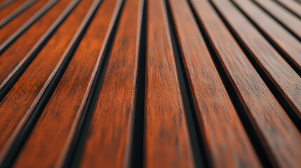 A close-up view of a wooden surface with smooth, parallel grooves, showcasing its rich texture and warm tones.