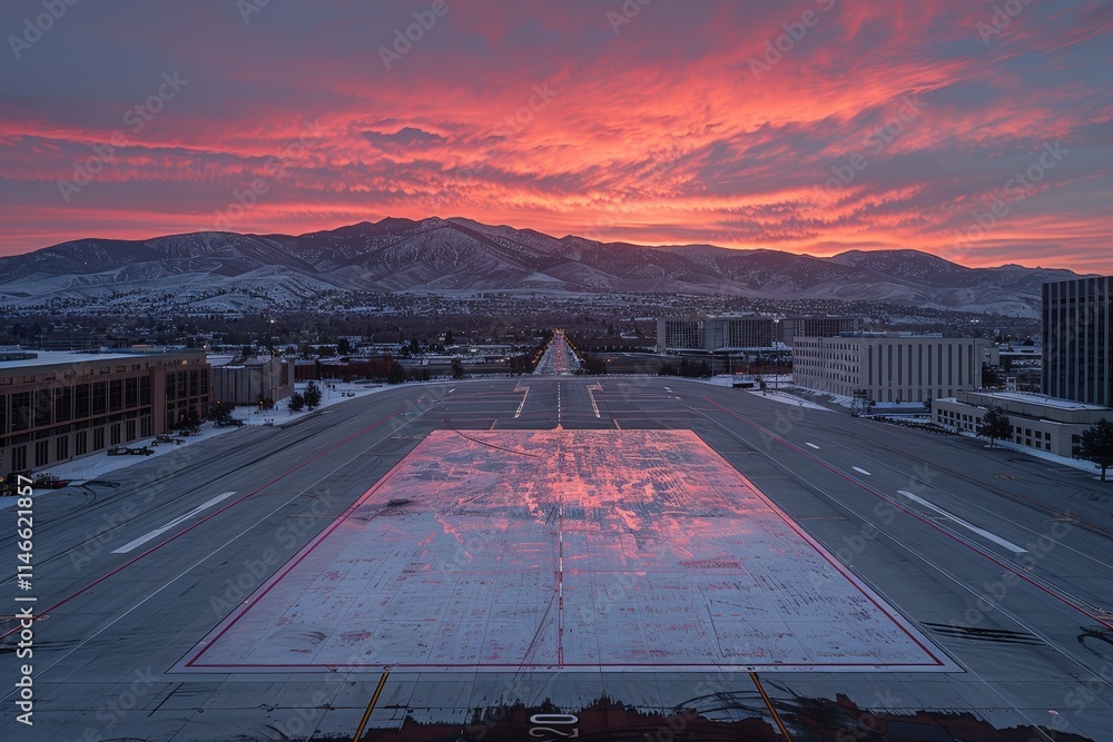 Poster a large empty runway with a beautiful orange sky in the background