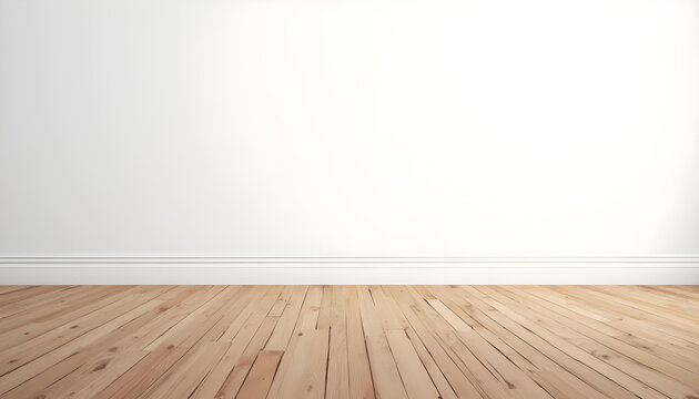 Minimalista pared blanca con suelo de madera y espacio para texto. Maqueta plantilla fondo. Mockup 