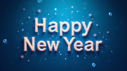 Happy New Year greeting text with snowflakes. Concept of celebration and holidays.