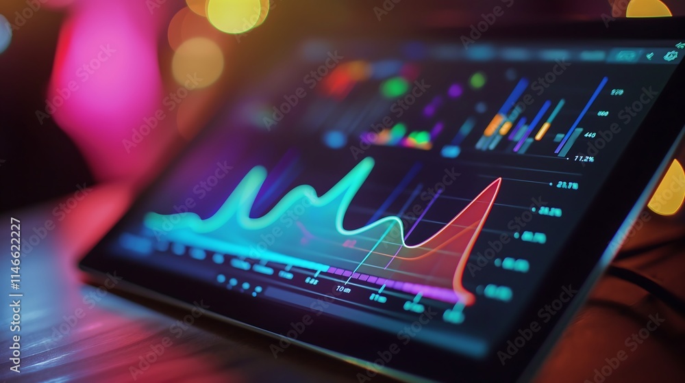 Poster close-up of a digital tablet presenting real-time sales data with colorful infographics and a line g