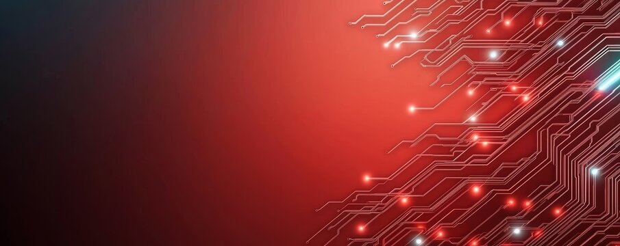 A vibrant digital circuit design with glowing red lights on a dark background, symbolizing technology and innovation.