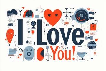 Colorful artwork showcases the phrase I Love You surrounded by whimsical icons and hearts, perfect for expressing affection. The design blends various illustrations in a captivating layout.