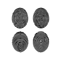four black and white fingerprints arranged in a circular pattern