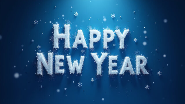 Happy New Year text with snow effect. Concept of celebration, new year, and winter.