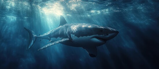 Fototapeta premium Great white shark underwater, sun rays.