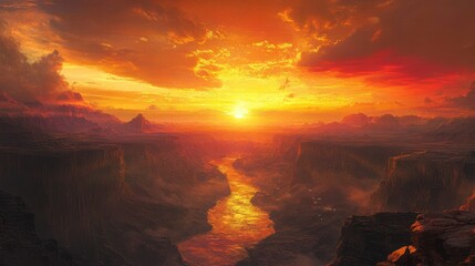fiery sunset over canyon river