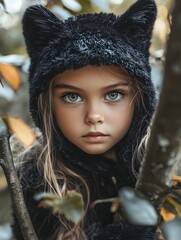 A young girl dressed as a panther, crouching on a tree branch with a fierce look, surrounded by greenery.
