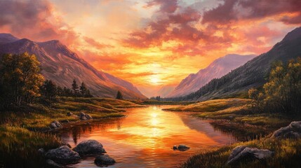sunset over mountain lake