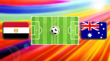 Egypt and Australia flag on soccer field with ball.Football match concept against multicolored abstract background.Copy space for text.