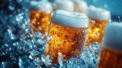 Beer glasses falling in motion on blue ice background. Close-up of many beer glasses falling in motion. AI generative
