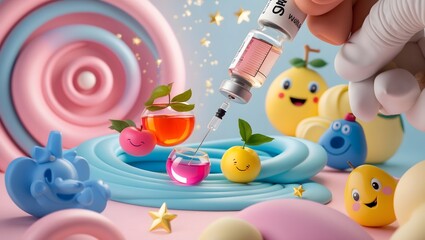 Obraz premium a vibrant and surreal cinematic photograph of a friendly depiction of flavored liquid medicine being precisely measured with a sterilized syringe, designed for pediatric patients, set against a whimsi