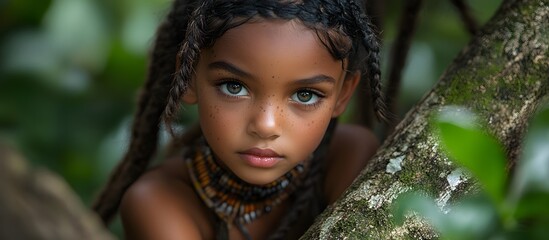 A young girl dressed as a panther, crouching on a tree branch with a fierce look, surrounded by greenery.