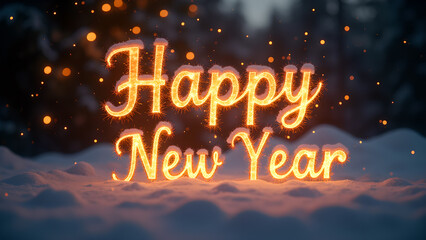 Happy New Year golden sign on snow. Concept of celebration, new beginning, and winter holiday.