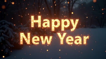 Happy New Year text animation with glowing letters and sparkling particles. Concept of celebration, new beginnings, and winter holidays.