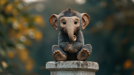 Adorable baby elephant figurine sitting on a stone pedestal.