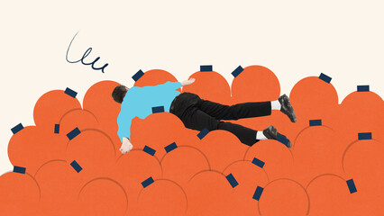 Contemporary art collage. Man lying on orange circles, depicting surrender to exhaustion and...