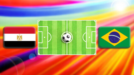 Egypt and Brazil flag on soccer field with ball.Football match concept against multicolored abstract background.Copy space for text.