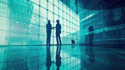 Business Professionals Meeting in Glass-Walled Office Lobby