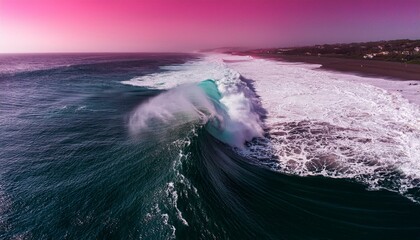 Aerial view of a wave cresting with white foam. for surfers in the black and pin background