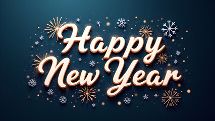 Happy New Year Celebration Greeting Text with Fireworks and Snowflakes. Concept of New Year's Eve.