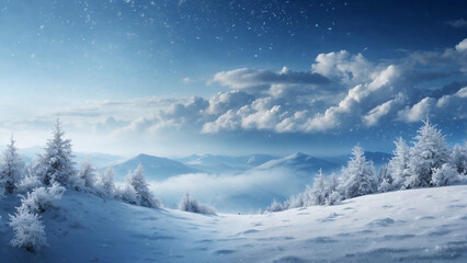 Snowcovered winter landscape with falling snowflakes, trees, mountains, and blue sky; suitable for winter holiday or naturethemed designs.
