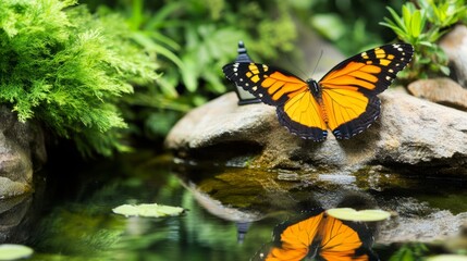 Naklejka premium Orange Butterfly Near Tranquil Water Garden
