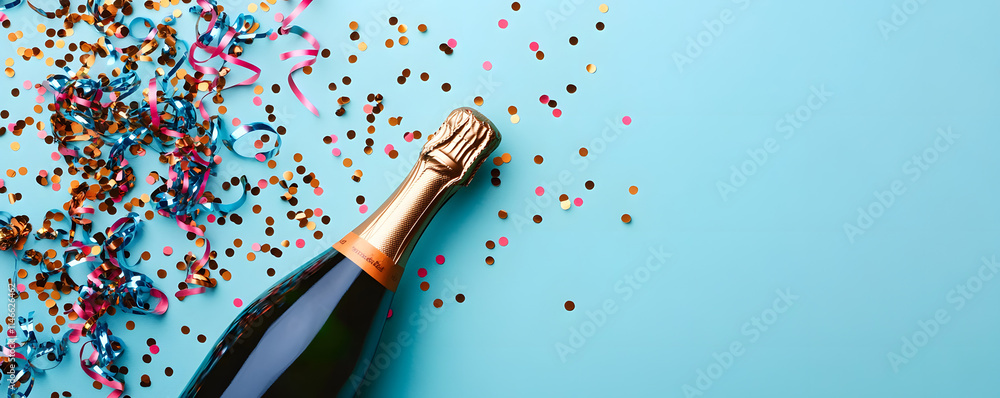 Poster creative flat lay composition with bottle of champagne and space for text on color background. champ