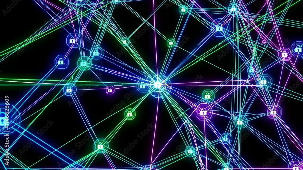Poster exploring the vibrant connections in a digital network visualization with bright colors and intricat