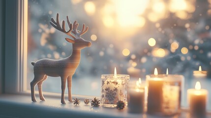 Cozy Winter Window with Wooden Reindeer and Candlelight - Made with Generative AI