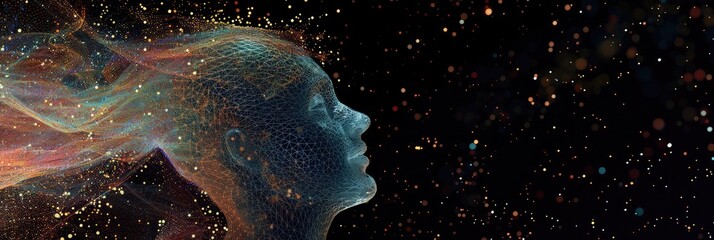 Digital Human Face and Universe Connection Concept