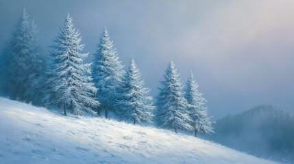 Naklejka premium A serene winter landscape featuring snow-covered trees on a gentle slope.