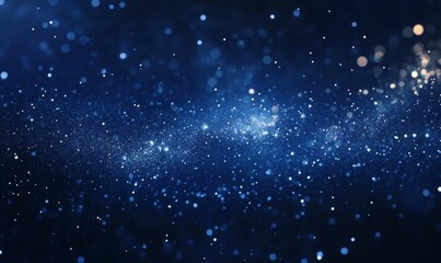 Glowing particles, dark blue background, bokeh effect.