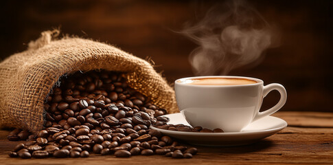 Photo of a cup and saucer with coffee beans on a wooden background