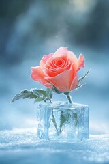 Rose in a piece of ice. Selective focus.
