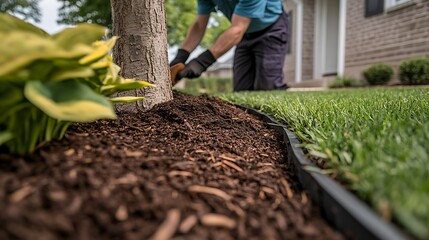 A close-up of a gardener adding mulch around the base of a newly planted tree, with soft soil and green grass in the background 