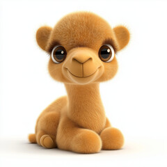 Lovable three-dimensional baby dromedary camel clipart with soft golden fur, big sparkling eyes, sweet smile, small hump. Sitting with its legs tucked under, isolated on a white background