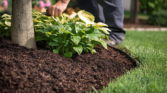 A close-up of a gardener adding mulch around the base of a newly planted tree, with soft soil and green grass in the background 