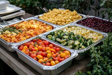 A colorful buffet featuring various fresh vegetables and fruits in trays for a gathering.