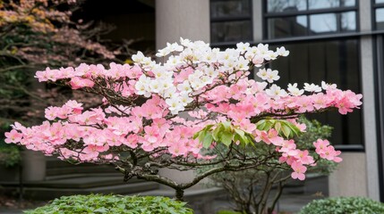 Obraz premium Pink and White Dogwood Tree in Full Bloom near Building