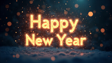 Happy New Year greeting text with glowing particles. Concept of celebration and new beginnings.