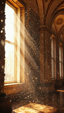 Interior de edificio se&ntilde;orial, catedral, y rayos de Sol potentes entrando por la ventana. 